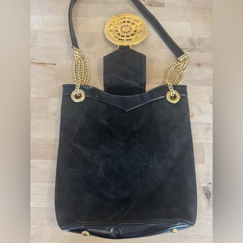 RARE VTG Rosenfeld black leather/suede purse with gold medallion - Picture 4 of 13